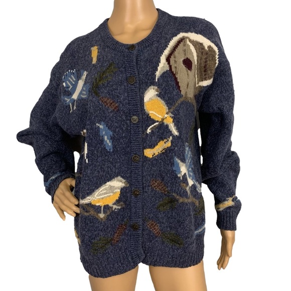 Vintage Sweaters - VINTAGE 1980s Wool Blend Bird Knit Cardigan Sweater~Size L
